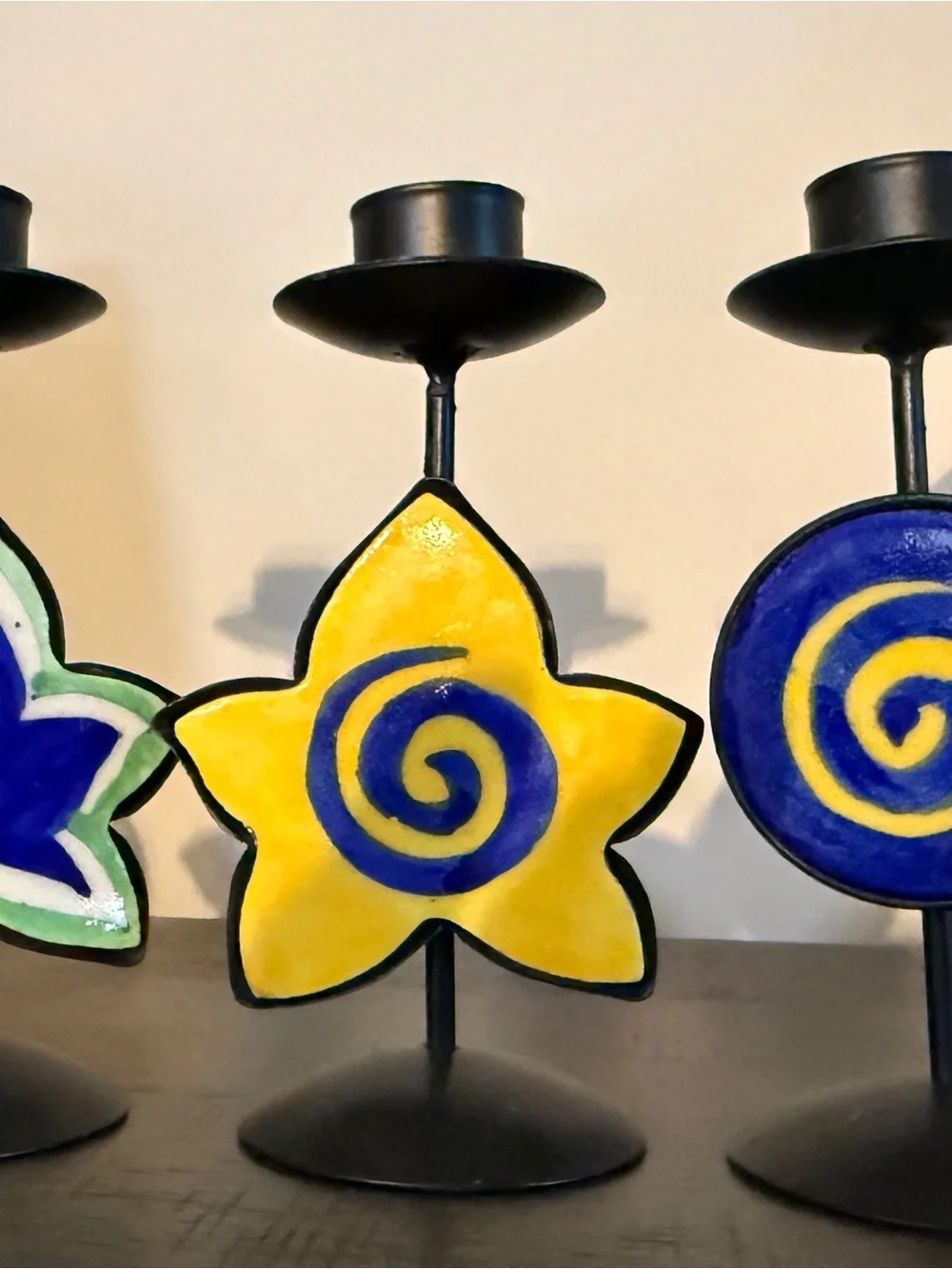 Vintage 90s Celestial Ceramic & Metal Candle Holder Trio Whimsigoth Star Spiral